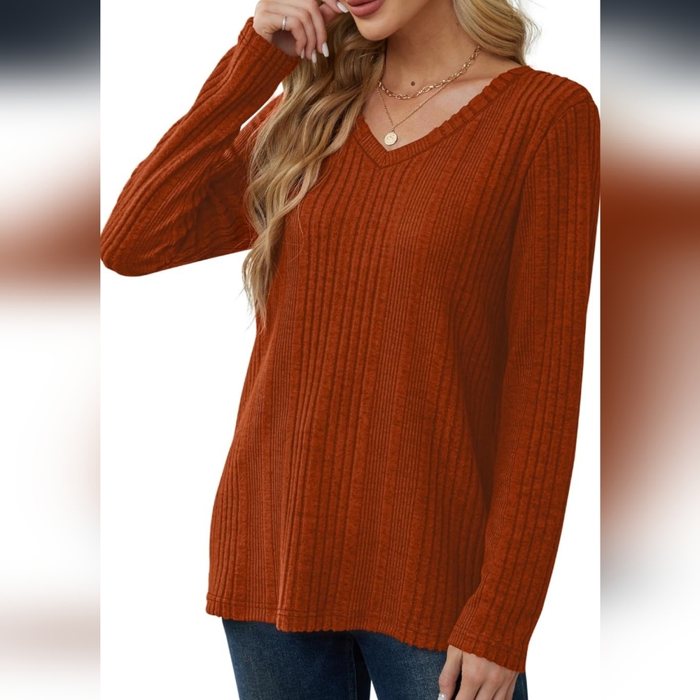 Orange V-Neck Sweater with Chunky Ribbed Knit